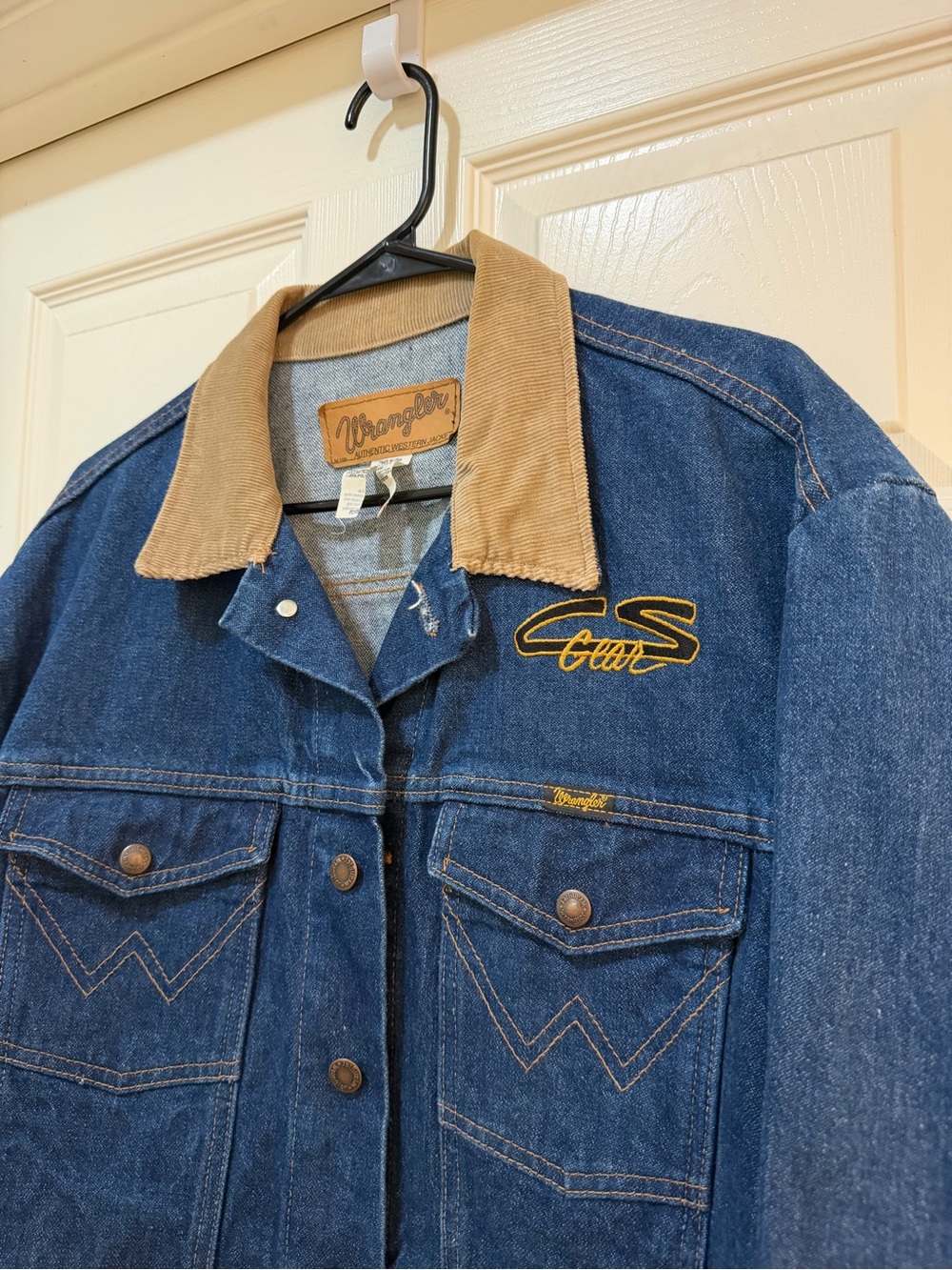 VINTAGE Wrangler Blue Denim Jacket with Tan Corduroy Collar